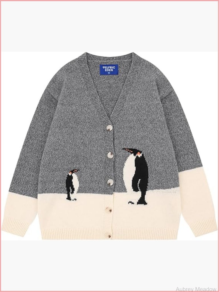 Oversized Cardigan Sweater Penguin Graphic Color Block Y2k Long Sleeve V-Neck